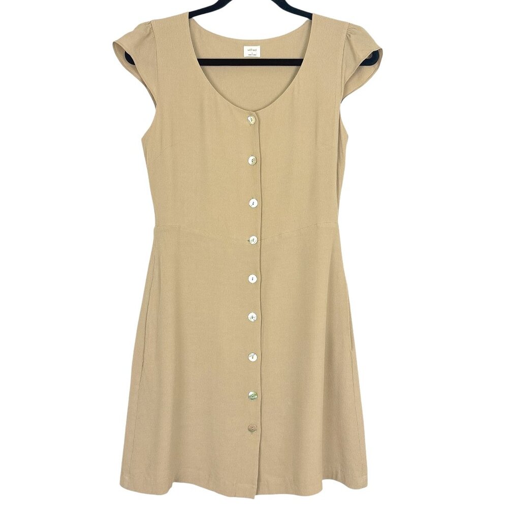Wilfred Beige Tan Cap Sleeve Button Front Mini Dress A-Line Fit Flare Small